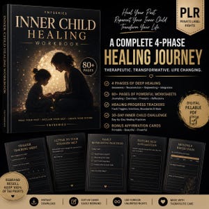 Könnte beinhalten: Ein schwarzes Arbeitsbuch mit dem Titel Inner Child Healing und einem Coverbild einer Person und eines Kindes vor einem großen Mond. Das Layout enthält Text über eine 4-Phasen-Heilungsreise, 80+ Seiten und verschiedene Arbeitsblattbeispiele wie Trigger-Tracking-Blätter und tägliche Übungen.