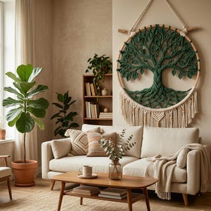 Op de afbeelding: Een grote ronde macramé wandhanger met een donkergroen levensboomontwerp met ingewikkelde geknoopte takken en wortels, afgewerkt met lange crèmekleurige franjes en houten kralen, opgehangen aan een horizontale houten tak.