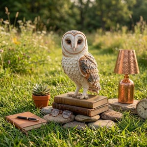 May include: A crocheted barn owl figurine with white, tan, and grey yarn details standing on two stacked vintage books. The owl features a heart-shaped facial disc, dark eyes, and textured plumage. Nearby are a succulent, a pen, and a lamp.