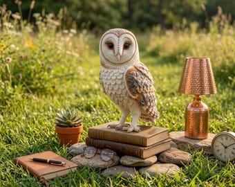 May include: A crocheted barn owl figurine with white, tan, and grey yarn details standing on two stacked vintage books. The owl features a heart-shaped facial disc, dark eyes, and textured plumage. Nearby are a succulent, a pen, and a lamp.