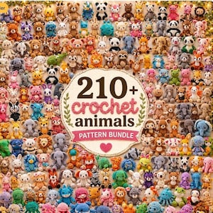 May include: A large collection of small, colorful crocheted animal figures arranged in a grid pattern. In the center, a white circular sign with a decorative border displays the text 210+ crochet animals PATTERN BUNDLE and a small pink heart.
