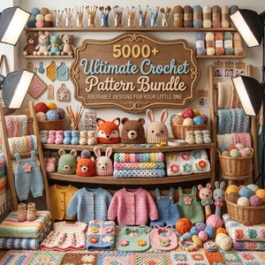 May include: A collection of crochet items including baby sweaters, overalls, hats with animal faces, blankets, and yarn balls. A central wooden sign reads 5000+ Ultimate Crochet Pattern Bundle ADORABLE DESIGNS FOR YOUR LITTLE ONE.