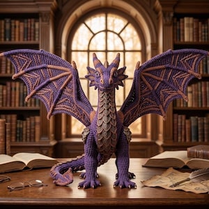 May include: A crocheted dragon figurine featuring a vibrant purple body with intricate copper-colored accents on its wings, chest, and tail. The creature has a detailed scale-like texture, pointed ears, and small claws, standing upright with its wings fully spread.