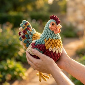 Könnte beinhalten: Eine gehäkelte Hühnerfigur mit einem mehrfarbigen Design aus blaugrünem, senfgelbem, cremefarbenem und dunkelrotem Garn. Der Vogel hat einen dunkelroten Kamm, einen hellorangen Kehllappen und einen kleinen Schnabel mit strukturiertem Gefieder.