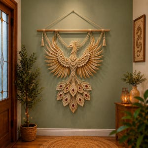 May include: A large macrame wall hanging featuring a detailed phoenix design in cream-colored cord. The bird has expansive wings, a crested head, and a long tail with dark red accents. It is suspended from a horizontal wooden rod with tassels.