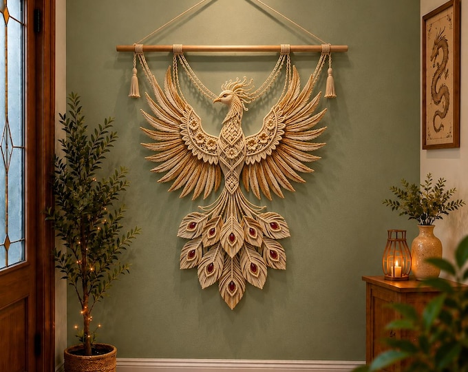Featured listing image: Crochet Phoenix Peacock Wall Hanging Pattern, Mythical Bird Tapestry Tutorial (PDF)