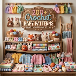 May include: A collection of crochet baby items including sweaters, hats, booties, blankets, and bibs displayed on wooden shelves. A central sign reads 200+ Crochet BABY PATTERNS ADORABLE DESIGNS FOR YOUR LITTLE ONE. Various yarn balls and animal-themed hats are visible.