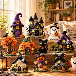 May include: A collection of crocheted Halloween decorations including a purple-hatted witch house, a grey castle, a white ghost, a pumpkin house, a black cat, a haunted house, a tree with a crow, a scarecrow, and a windmill, all with warm lights.