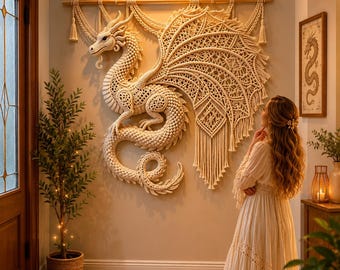May include: A large off-white macrame wall hanging featuring an intricate dragon design with detailed knotted wings, a long coiled tail, and a textured body. The piece is suspended from a horizontal wooden rod with decorative tassels at each end.