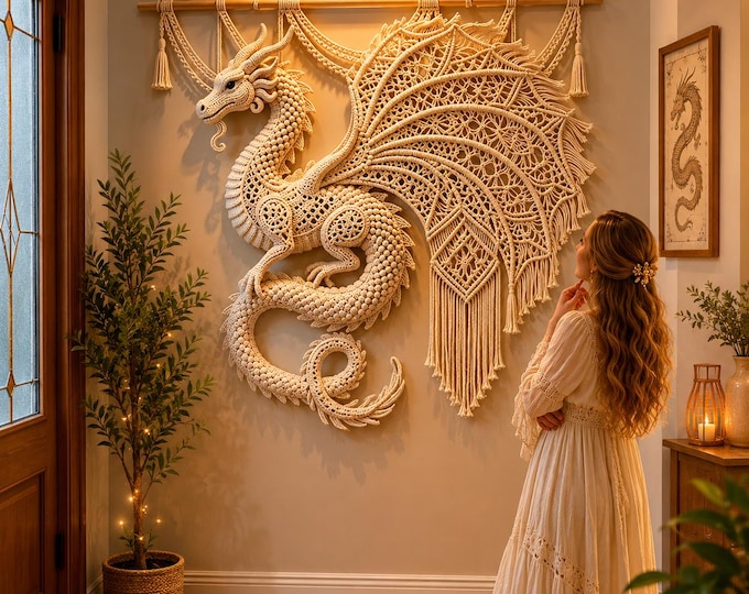 Featured listing image: Crochet Dragon Wall Hanging Pattern: Textured Gothic Fantasy Tapestry (PDF Download)