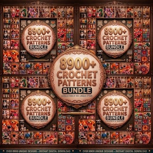 May include: A digital display featuring multiple circular frames with the text 8900+ CROCHET PATTERNS BUNDLE, surrounded by a grid of small shelves filled with various crocheted animal figures, floral motifs, and colorful geometric patterns.