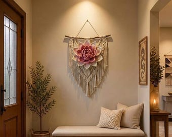 May include: A macrame wall hanging featuring a large, multi-layered pink and white crocheted lotus flower centerpiece attached to a wooden branch, with cream-colored knotted cord fringe hanging in a V-shape pattern below the floral element.