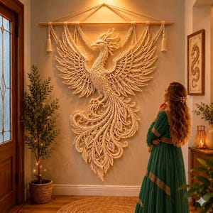 Pode incluir: Uma grande tapeçaria de parede em macramé, na cor branco-sujo, apresentando um design intrincado de fénix com asas detalhadas e uma cauda longa e fluida. A peça está suspensa numa haste de madeira horizontal com borlas decorativas nas pontas.