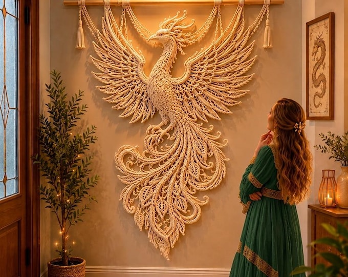 Featured listing image: Monochrome Phoenix Crochet Wall Hanging Pattern, Ivory Firebird Tapestry PDF, Boho Fiber Art