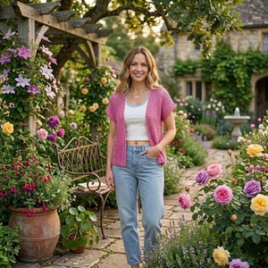 May include: A short-sleeved, open-front pink cardigan with a textured knit pattern, worn over a white cropped tank top with a light blue trim, paired with light-wash blue denim jeans. The cardigan features a simple, collarless design.