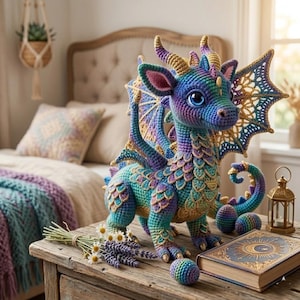 May include: A crocheted dragon toy featuring a gradient of blue, purple, and teal yarn with gold-trimmed wings and scales. The dragon stands on a wooden surface next to a book with a gold celestial cover, a small lantern, and a bundle of dried flowers.