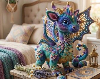 May include: A crocheted dragon toy featuring a gradient of blue, purple, and teal yarn with gold-trimmed wings and scales. The dragon stands on a wooden surface next to a book with a gold celestial cover, a small lantern, and a bundle of dried flowers.