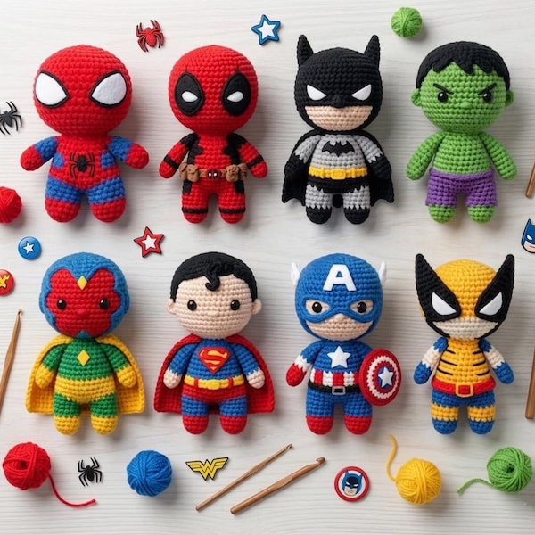 Modelos de crochê amigurumi de super-heróis | Pacote com 8 modelos (download em PDF)