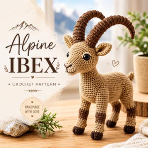 May include: A tan and brown crocheted Alpine Ibex toy with large curved horns and black eyes. The text Alpine IBEX CROCHET PATTERN and HANDMADE WITH LOVE is visible on the left side of the image, accompanied by a mountain graphic and small heart icons.