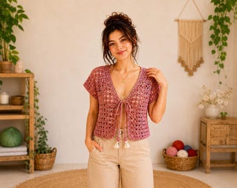 Boho Summer Crochet Cardigan Pattern | Lacy Tie-Front Shrug | Easy PDF Digital Download