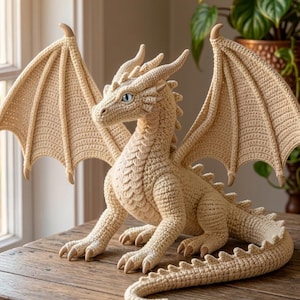 May include: A cream-colored crocheted dragon figurine featuring large, structured wings, a textured scale pattern along the chest, a long tail with dorsal spikes, and light-colored claws. The dragon has light blue eyes and pointed horns.