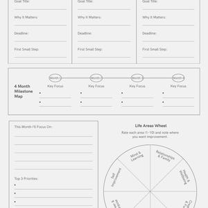 May include: A grayscale goal-setting planner with sections for goal titles, deadlines, and milestones. Includes a "Life Areas Wheel" for self-assessment and a 4-month milestone map. The planner is designed for personal development and organization.