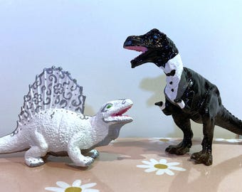 Hand Painted Dinosaur display figurine. Wedding couple.