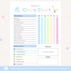 Chore Chart for Kids, Editable Canva Template, Printable PDF, Responsibility Chart, Kids Reward Chart, Daily Chores