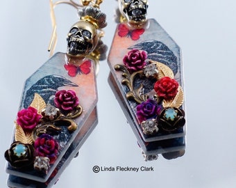 Lotus Skull and Raven Gothic Earrings