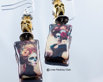 Lotus Skull and Day of the Dead Earrings
