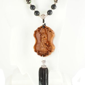 Rosewood Necklace, Oriental Inspired, Avalokitesvara Buddha Pendant, Feminine Necklace, Statement Jewellery, Etsy UK
