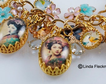 Geisha And Sakura Flower Charm Bracelet