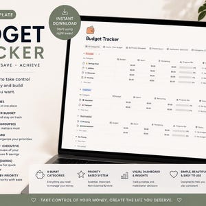 May include: A laptop screen shows a Notion budget tracker template. The display features a detailed financial overview with categories for income, expenses, and savings. Text on the screen includes "Budget Tracker" and "Plan, Track, Save, Achieve."