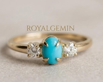 Turquoise Engagement Ring, Oval Turquoise Ring, Three Stone Ring, Dainty Gold Ring, December Birthstone Gift for Her