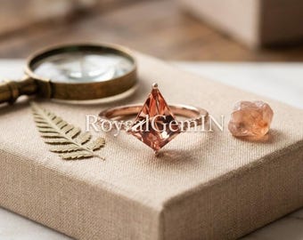 Peach Sapphire Kite Ring, Rose Gold Engagement Ring, Geometric Solitaire Ring, Alternative Bridal Ring, Minimalist Promise Ring