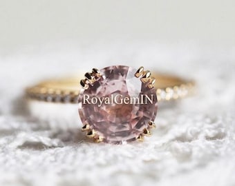 Pink Morganite Solitaire Ring, Round Engagement Ring, Gold Promise Ring, Dainty Bridal Ring, Minimalist Birthstone Gift for Her