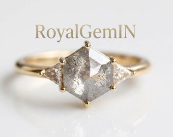 Hexagon Salt and Pepper stone Ring, Geometric Engagement Ring, Yellow Gold Ring, Alternative Bridal Ring, Rustic  Ring, Unique Promise Ring