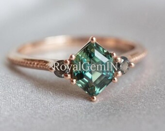 Teal Sapphire Kite Ring, Geometric Engagement Ring, Rose Gold Promise Ring, Unique Diamond Ring, Alternative Bridal Gift