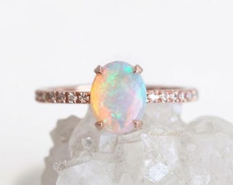 Oval Opal Engagement Ring, Dainty Gold Pavé Band, Minimalist Bridal Jewelry