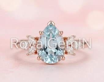 Pear Aquamarine Engagement Ring, Three Stone Ring, Rose Gold Promise Ring, Vintage Bridal Ring, March Birthstone Gift