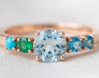 Aquamarine Multi Stone Ring, Turquoise Emerald Blue Topaz Ring, Rose Gold Engagement Ring, March Birthstone Gift for Her