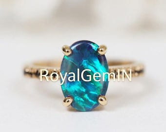 Blue Opal Ring, Oval Opal Engagement Ring, Gold Opal Ring, Dainty Solitaire Ring, October Birthstone Gift for Her