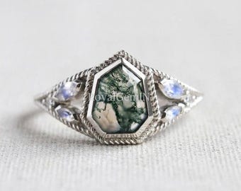 Moss Agate Engagement Ring, Hexagon Moss Agate Ring, Moonstone Wedding Ring, Vintage Nature Inspired Promise Ring
