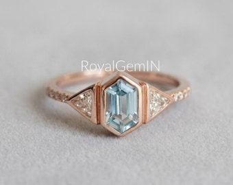 Emerald Cut Aquamarine Engagement Ring, Rose Gold Art Deco Geometric Bridal Ring