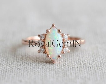 Marquise Opal Engagement Ring, Rose Gold Opal Ring, Vintage Halo Ring, Dainty Promise Ring, October Birthstone Gift