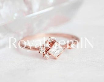 Princess Cut Diamond Ring, Rose Gold Engagement Ring, Minimalist Promise Ring, Unique Bridal Ring, Dainty Gift for Her