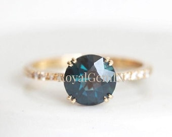 Blue Diamond Ring, Dark Blue Engagement Ring, Solitaire Promise Ring, Gold Gemstone Ring, Minimalist Bridal Jewelry