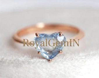 Heart Cut Aquamarine Ring, Blue Heart Engagement Ring, Rose Gold Promise Ring, Minimalist Solitaire Ring, Gift for Her
