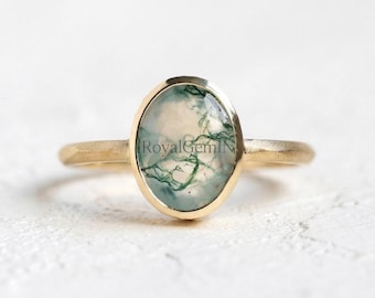Moss Agate Ring, Oval Moss Agate Engagement Ring, Gold Bezel Ring, Nature Inspired Ring, Minimalist Promise Ring, Gift for Her