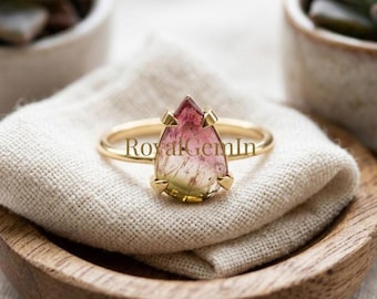 Pear Watermelon Tourmaline Ring, Gold Solitaire Engagement Ring, Nature Inspired Promise